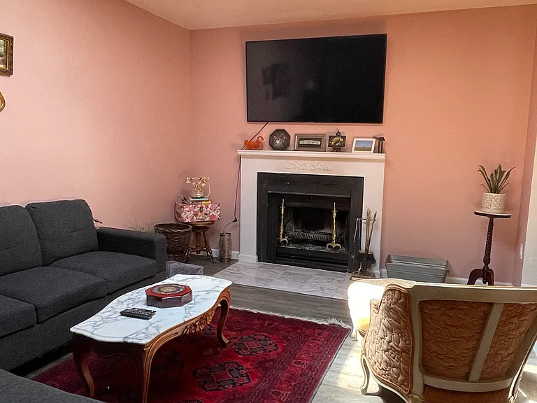 Living room has a skylight and fireplace