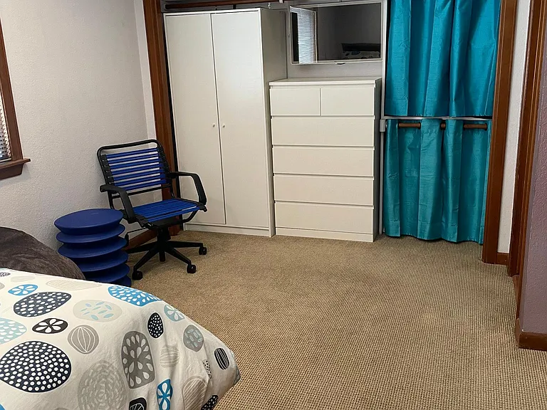 Second bedroom with bultin cabinetry and mini split air conditioner.