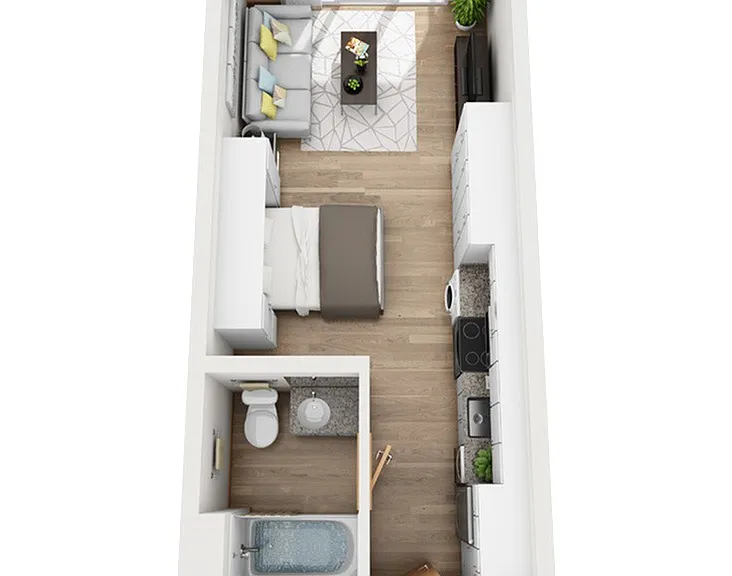 Rhythm's furnished studio apartment is a minimalist's dream. Plenty of storage, simple furnishings, and close proximity to Milwaukee's Water St. and Brady St. entertainment districts. Rhythm's furnished studio apartment is a minimalist's dream. Plenty of 
