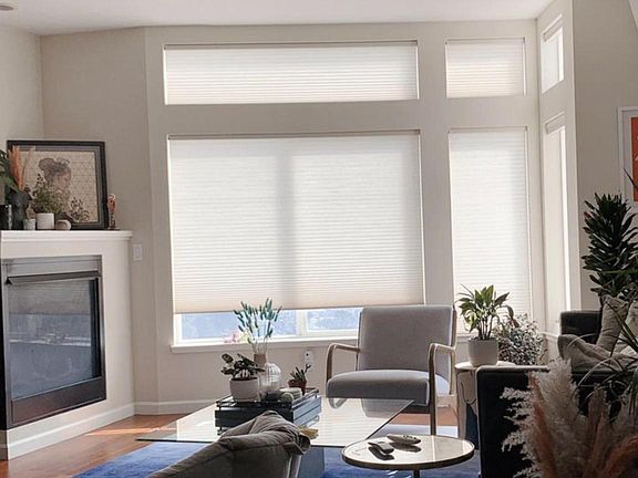 East facing living room with tons of natural light. Remote controlled custom Hunter Douglas blinds.
