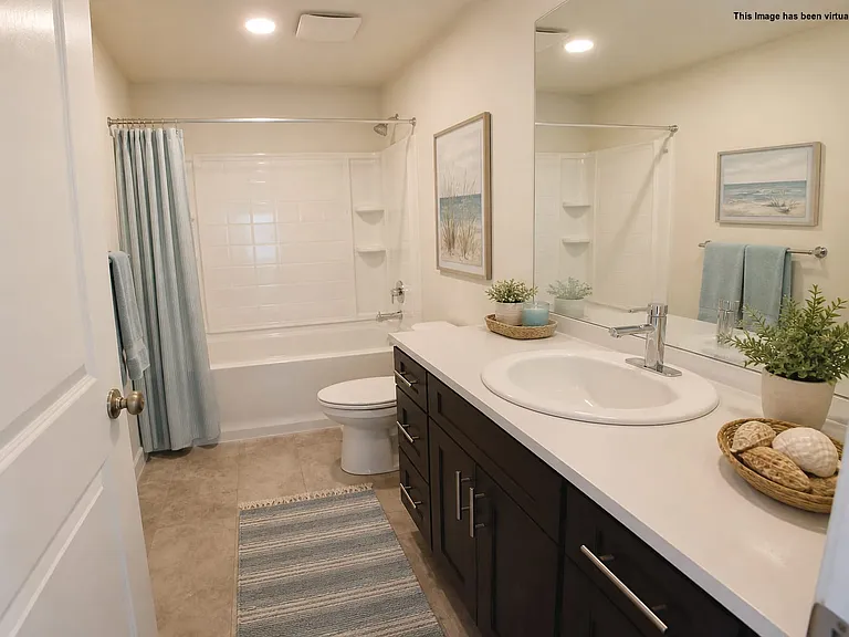 2nd floor Full Hall Bathroom, virtually staged.