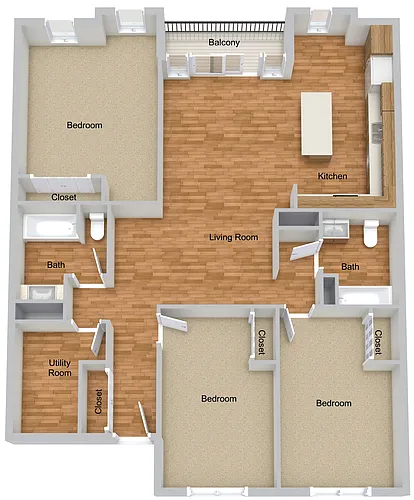 Floor plan 3 Bedroom 2 Bath with Living Room Balcony