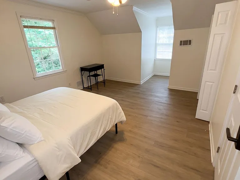 Spacious bedroom with wood-look flooring, ceiling fan with light, and two windows for natural light plus a small work area.