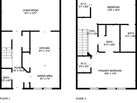 Updated kitchen. Large living space on the rear of the home.
Two large bedrooms upstairs, both with a large closet and private bath.