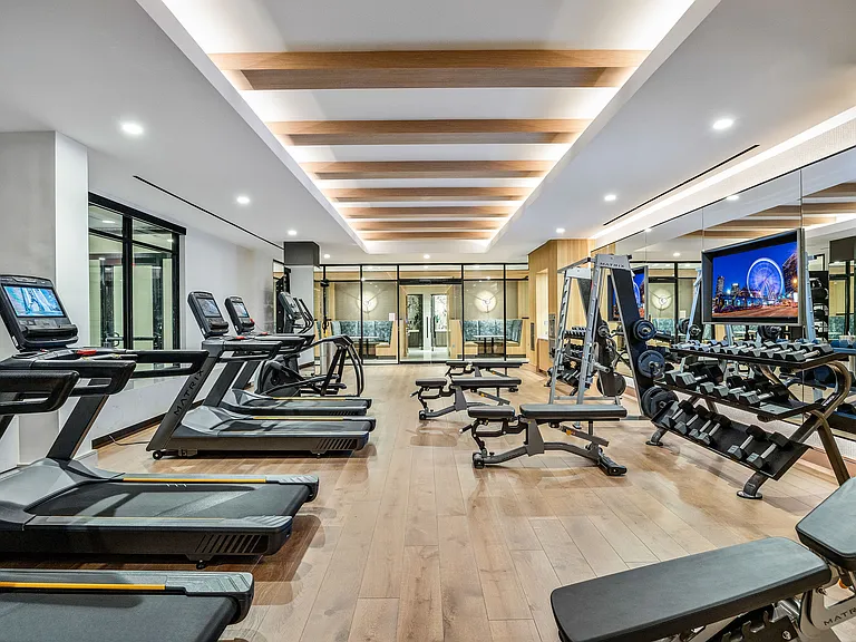 Modern fitness center with state-of-the-art treadmills, sleek wooden floors, and ample natural lighting.