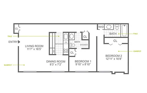 Floor plan 2 Bed | 2 Bath