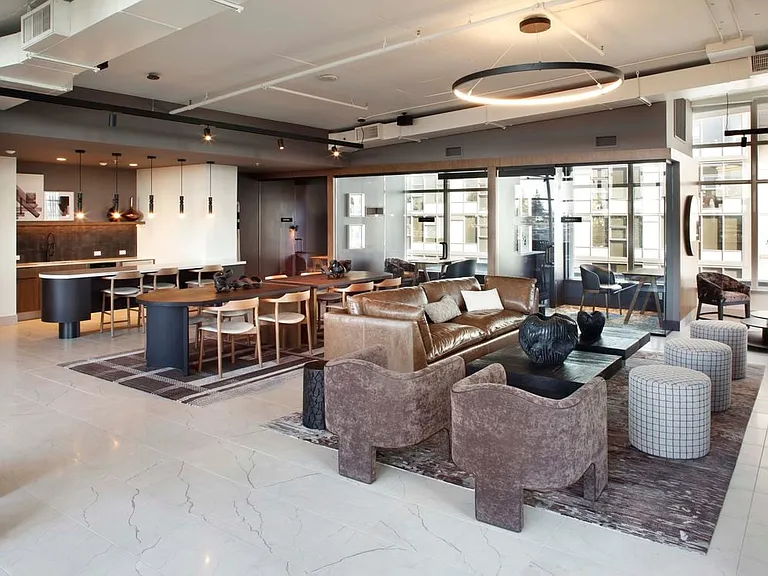 Resident lounge with lounge seating and coworking spaces