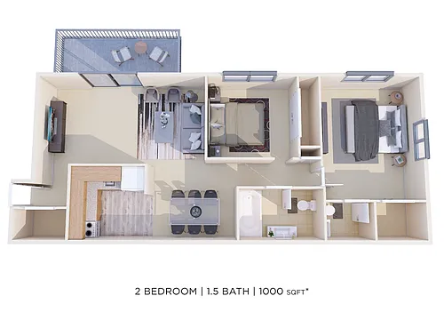 Floor plan Two Bedroom 1.5 Bath - 1,000 sqft