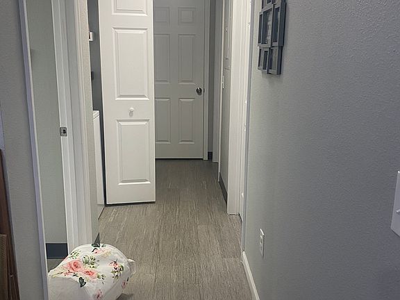Hallway image (showing two room doors to the right, a closet (straight back) initial bathroom entrance (to left) and laundry area).