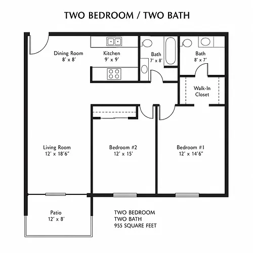 Floor plan 2x2 Renovated with Washer and Dryer