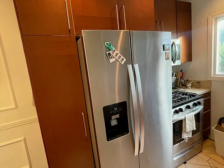 Large stainless fridge and gas stove/range