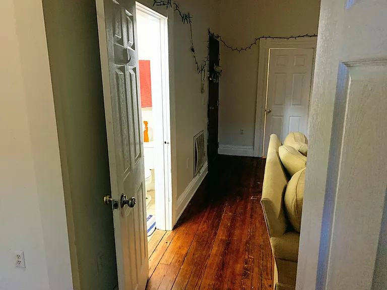 Living room/doors to front bathroom and back bedroom