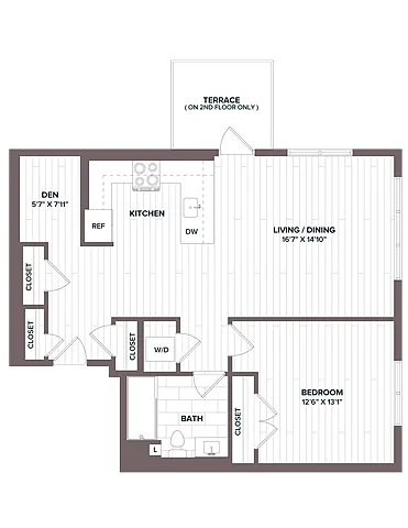 Floor plan 1 Bed/1 Bath Den - AD5 Bldg D