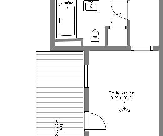 North half of apartment including eat in kitchen, second bath, porch. Living room is included in both floor plan images.
