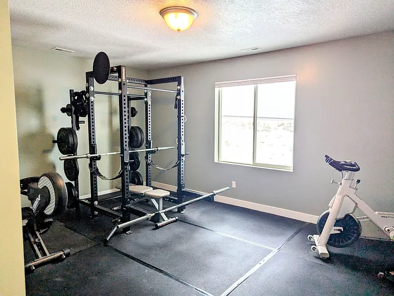 Lower-level bedroom currently outfitted as a gym. Weight rack, rower, and bike will not stay. Floor mats custom to room will make it ready for your very own home gym, yoga studio, meditation space or even hobby room.