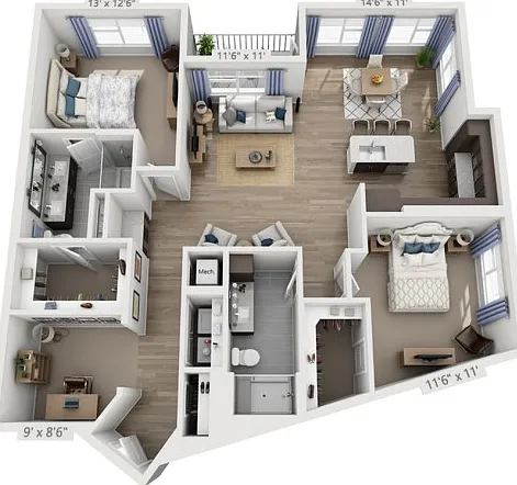 Floor plans are artist's rendering. All dimensions are approximate. Actual product and specifications may vary in dimension or detail. Not all features are available in every apartment. Prices and availability are subject to change. Floor plans are artist