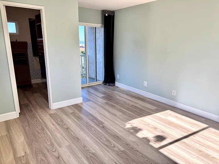 primary suite with walk-in closet and balcony with ocean views