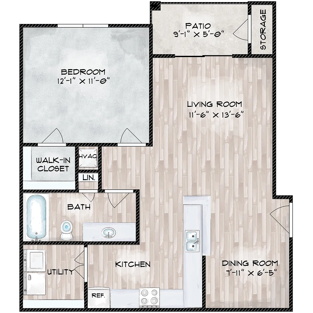 Floor plan 1 Bed, 1 Bath (80% Income Restricted)