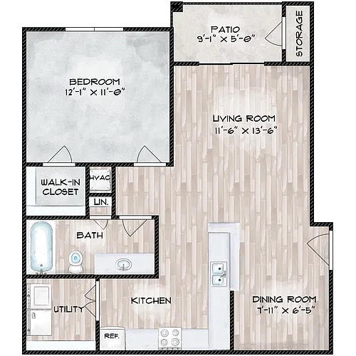Floor plan 1 Bed, 1 Bath (80% Income Restricted)
