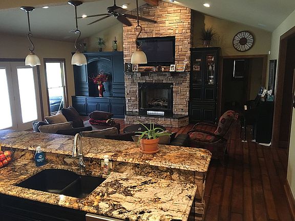 Rock fireplace, built-ins