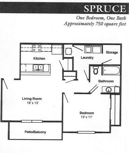 Floor plan 1 Bed 1 Bath Spruce ADA