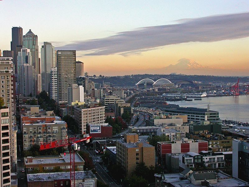 Mt Rainier & city at sunset