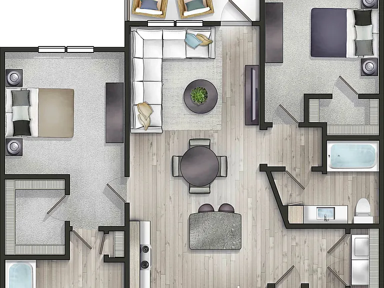 Explore this stylish two-bedroom apartment layout with modern amenities and a welcoming ambiance. Explore this stylish two-bedroom apartment layout with modern amenities and a welcoming ambiance.