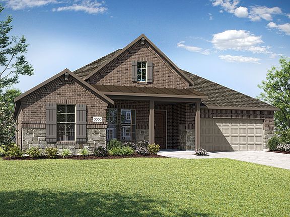 Elevation D is a single story farmhouse inspired brick and stone elevation with a metal roof detail