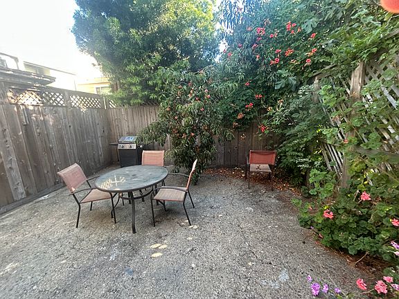 Private courtyard with bbq, table and chairs, and peach tree
