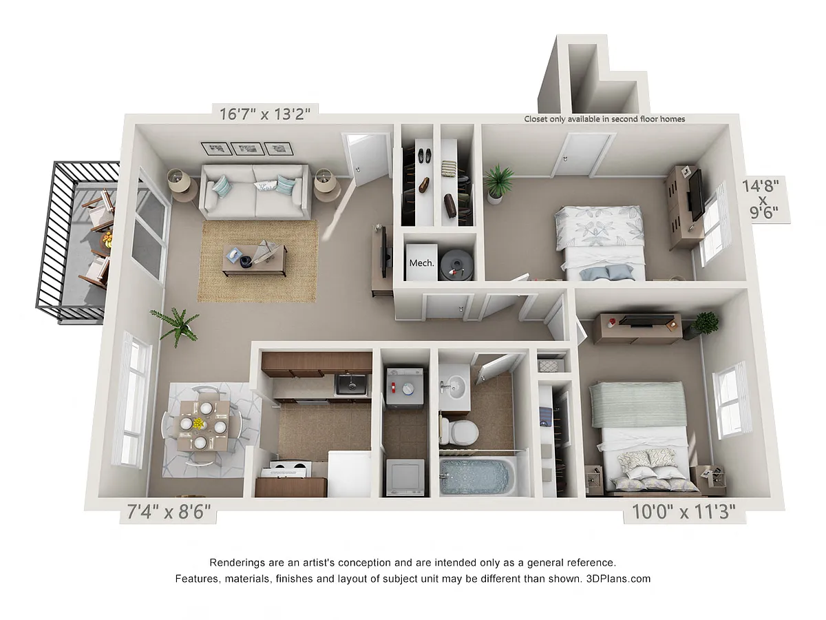 Floor plan Hickory2 Bedroom, 1 Bath w/Patio (W/D Conn.)
