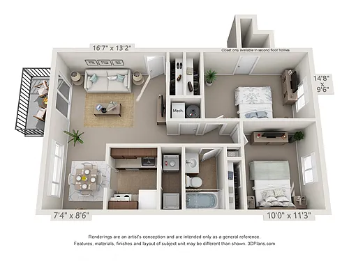 Floor plan Hickory2 Bedroom, 1 Bath w/Patio (W/D Conn.)