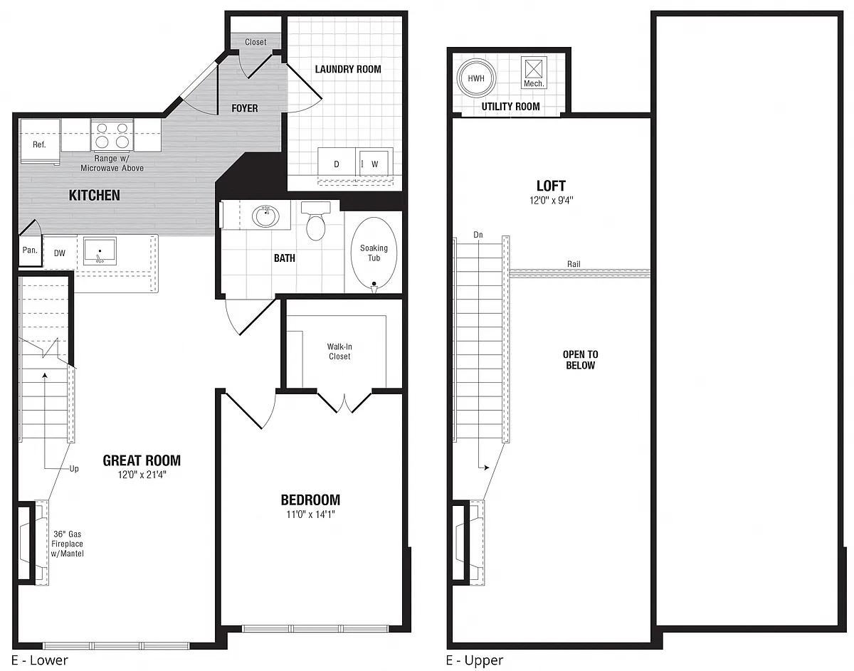 Floor plan 1 Bed/1 Bath Loft-E