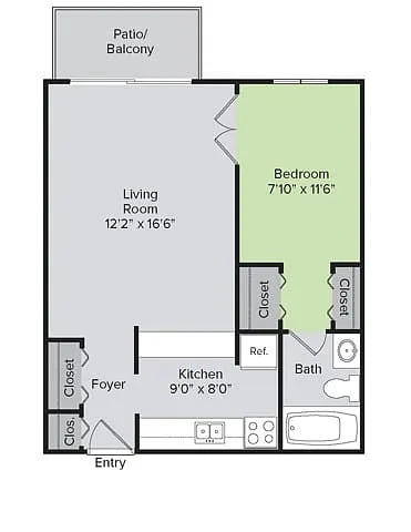 Floor plan Renovated, 1 Bedroom, 1 Bath (600 sq ft)