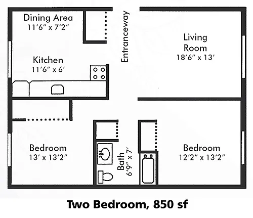 Floor plan 2 Bedroom 1 Bath