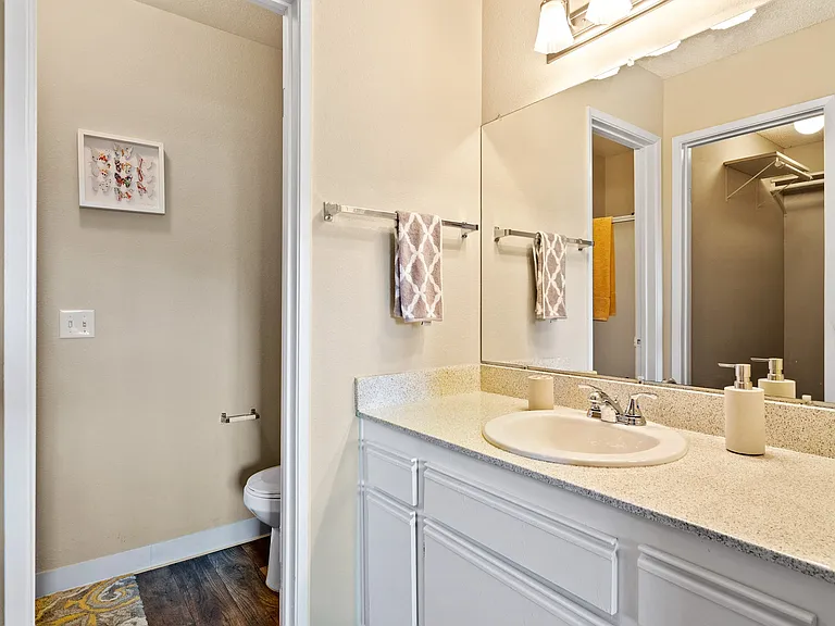Primary bathroom with oversized vanity at River Oaks in Oceanside, CA