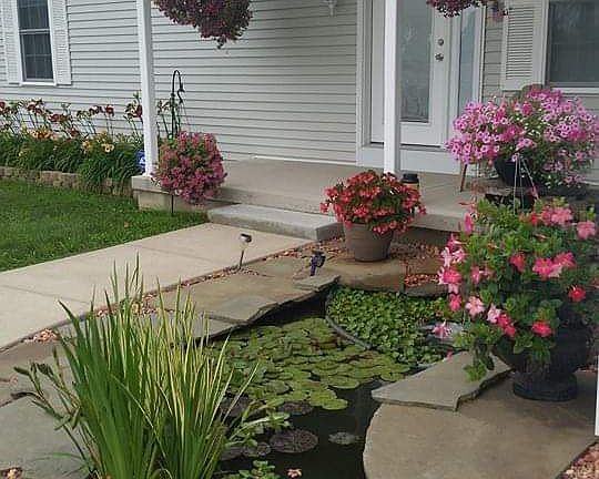 Front proch and koi pond.