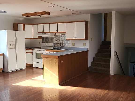 Kitchen, dining room and great room.
