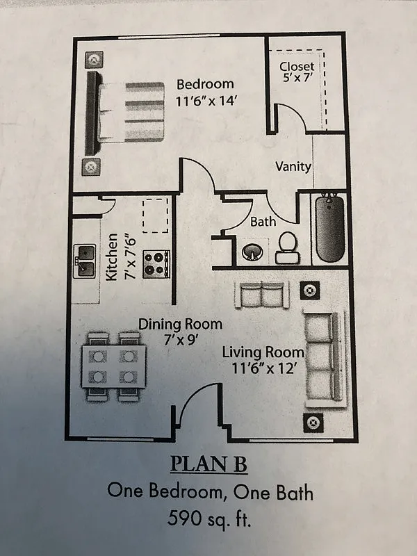 Floor plan 1 Bedroom, 1 Bath