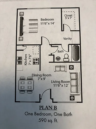 Floor plan 1 Bedroom, 1 Bath