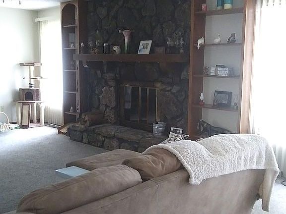 stone fireplace / shelving