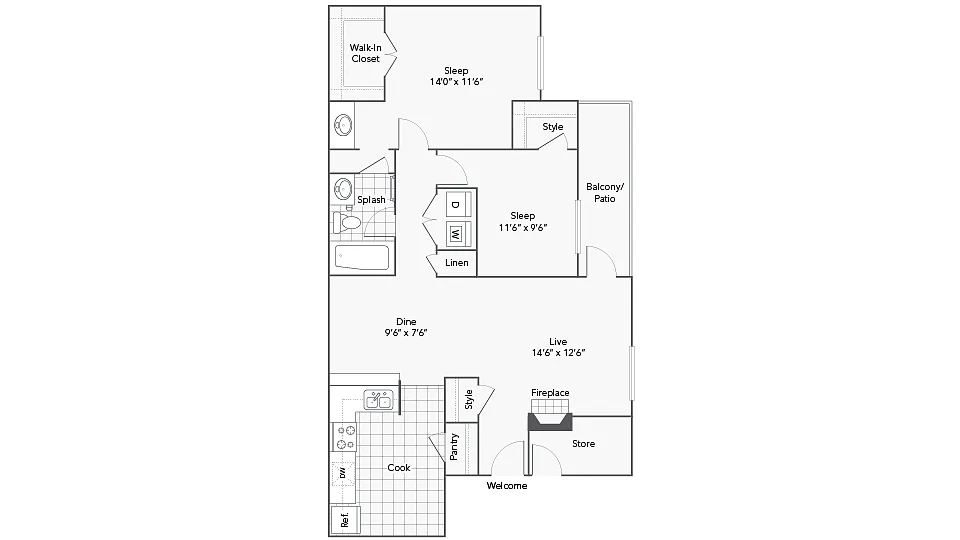Floor plan 2 Bed 1 Bath Washer Dryer B