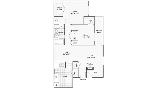 Floor plan 2 Bed 1 Bath Washer Dryer B