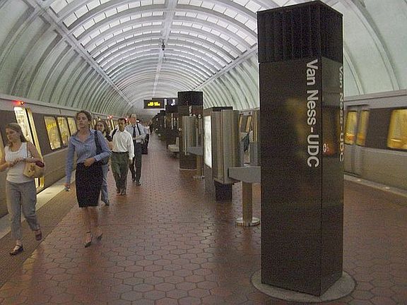 Metro in front of building
