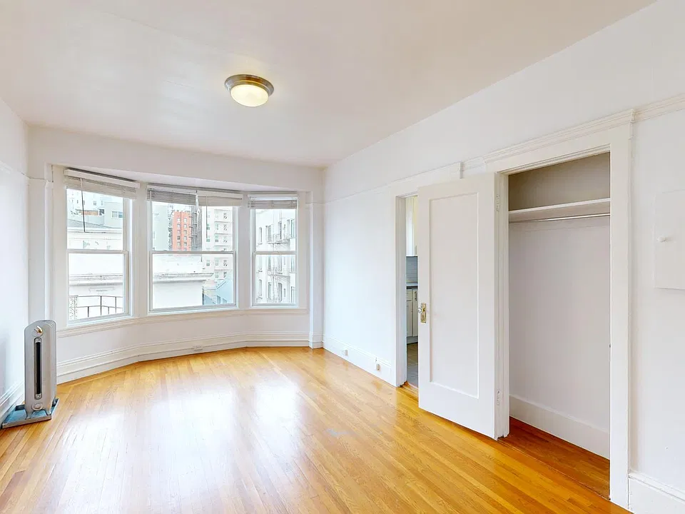 Bright bedroom with wood-like floor and a closet