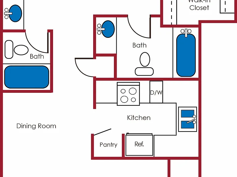 2D two-bedroom, two-bathroom floor plan 2D two-bedroom, two-bathroom floor plan