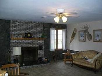 There is a natural wood fireplace in the living room