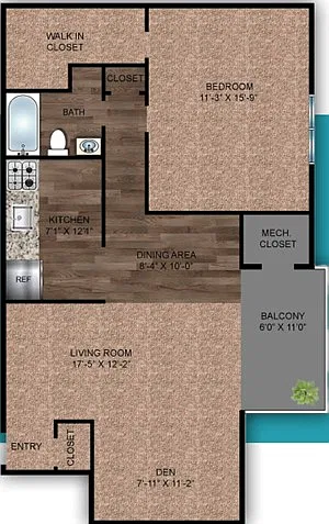 Floor plan A4-1BD/1BA with Den