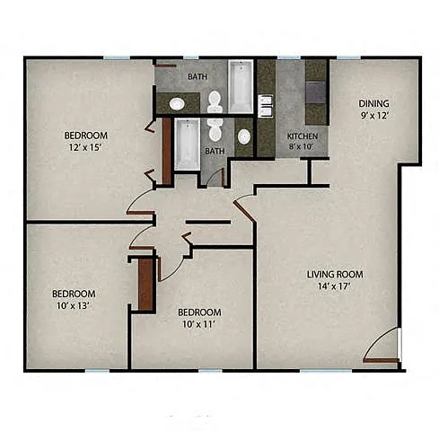 Floor plan 3 Bedroom 2 Bath | 1263 SF.