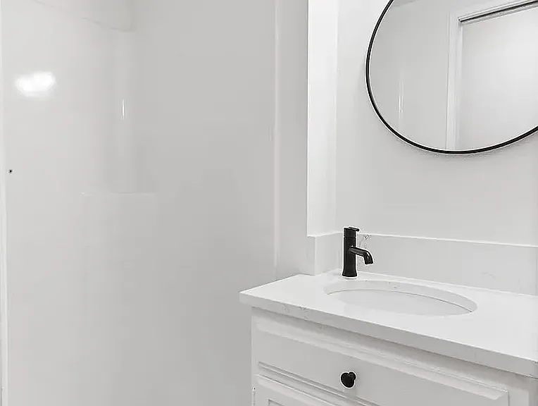 Downstairs bathroom (walk-in shower, sink, and toilet)