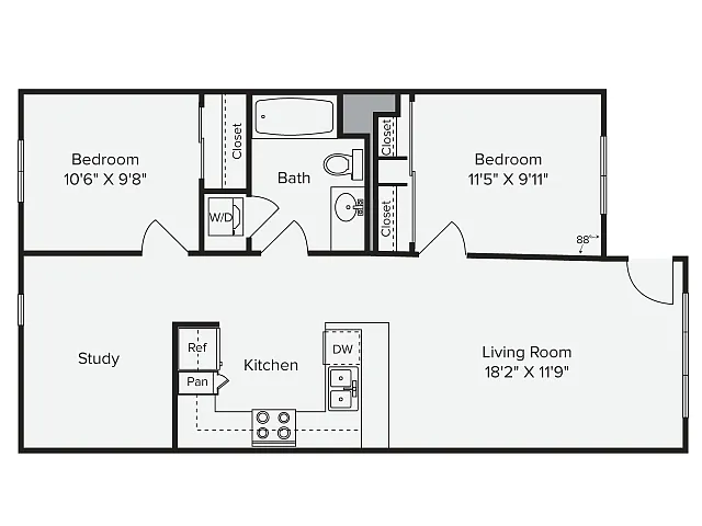 Floor plan 2 Bed 1 Bath - 2A & 2D